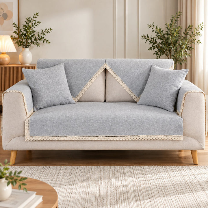 Sofa Cover | Cotton-Linen | Non-Slip Sofa Protector with Lace Trim