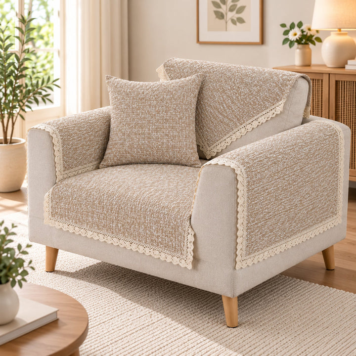 Sofa Cover | Cotton-Linen | Non-Slip Sofa Protector with Lace Trim