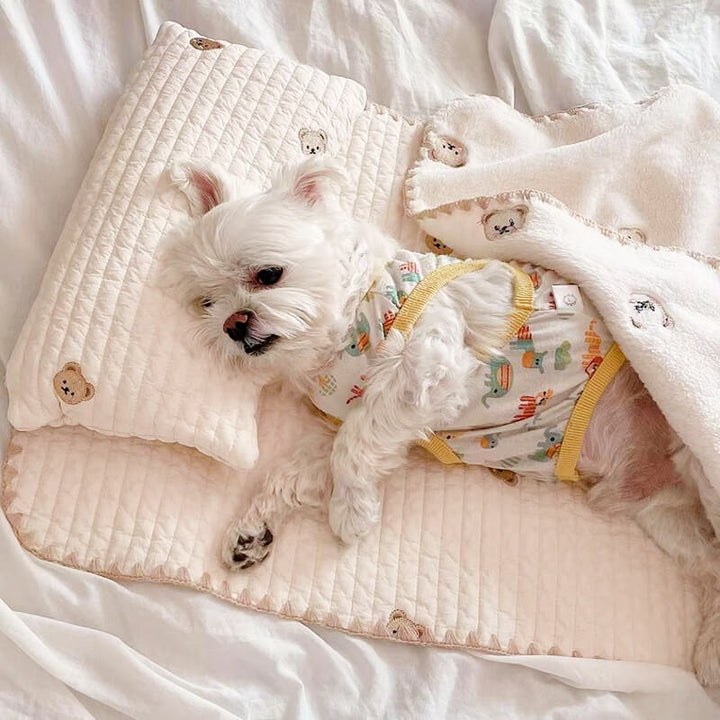 Embroidered Cotton Pet Pillow Quilt Bed Set