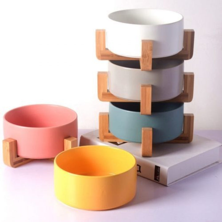 PawFeast Ceramic Dog Bowl – Stylish Dining with Wooden Stand