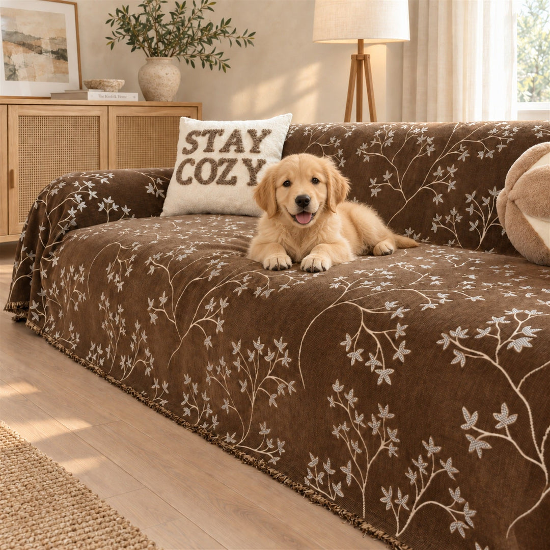Wandering Sprig Chenille Sofa Throw | Reversible & Fringed Sofa Protector