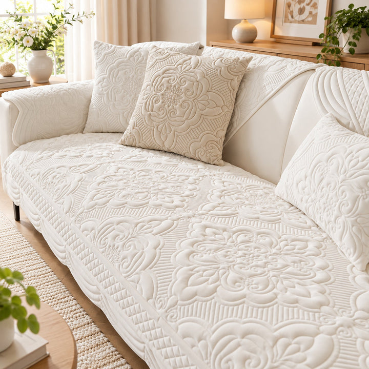 Sculpted Bloom Sofa Cover | Plush Polyester | Non-Slip & Washable