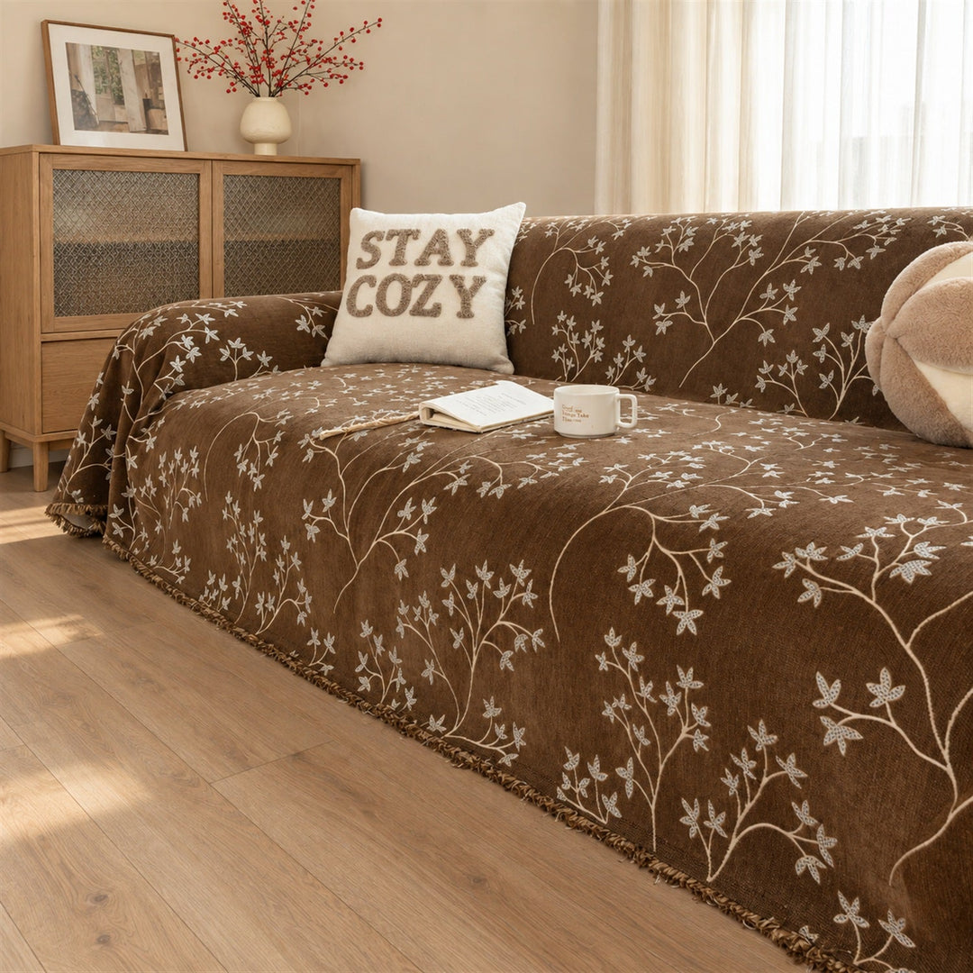 Wandering Sprig Chenille Sofa Throw | Reversible & Fringed Sofa Protector