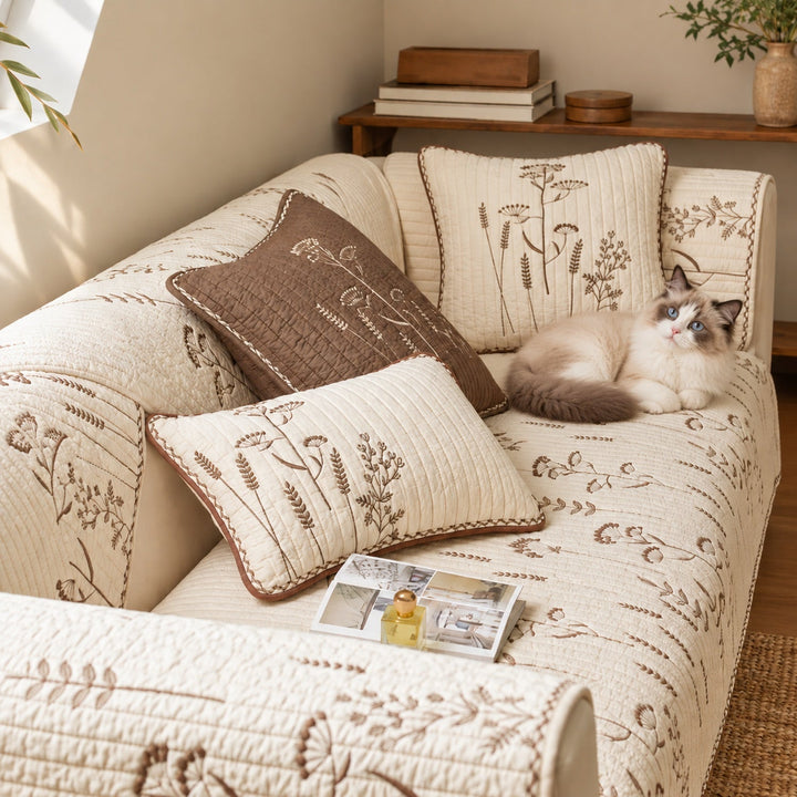 Floral Embroidered Sofa Cover | Sofa Cushion Covers | Non-Slip & Machine-Washable