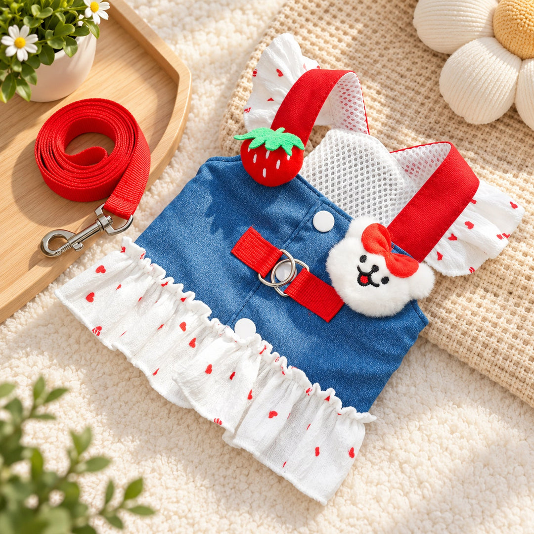 Dog Harness Dress with Matching Dog Lead | Washable Denim-Look Design with Ruffled Skirt