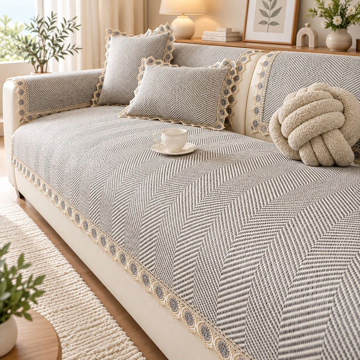Sofa Cover | Herringbone Cotton-Linen | Non-Slip Washable Protector