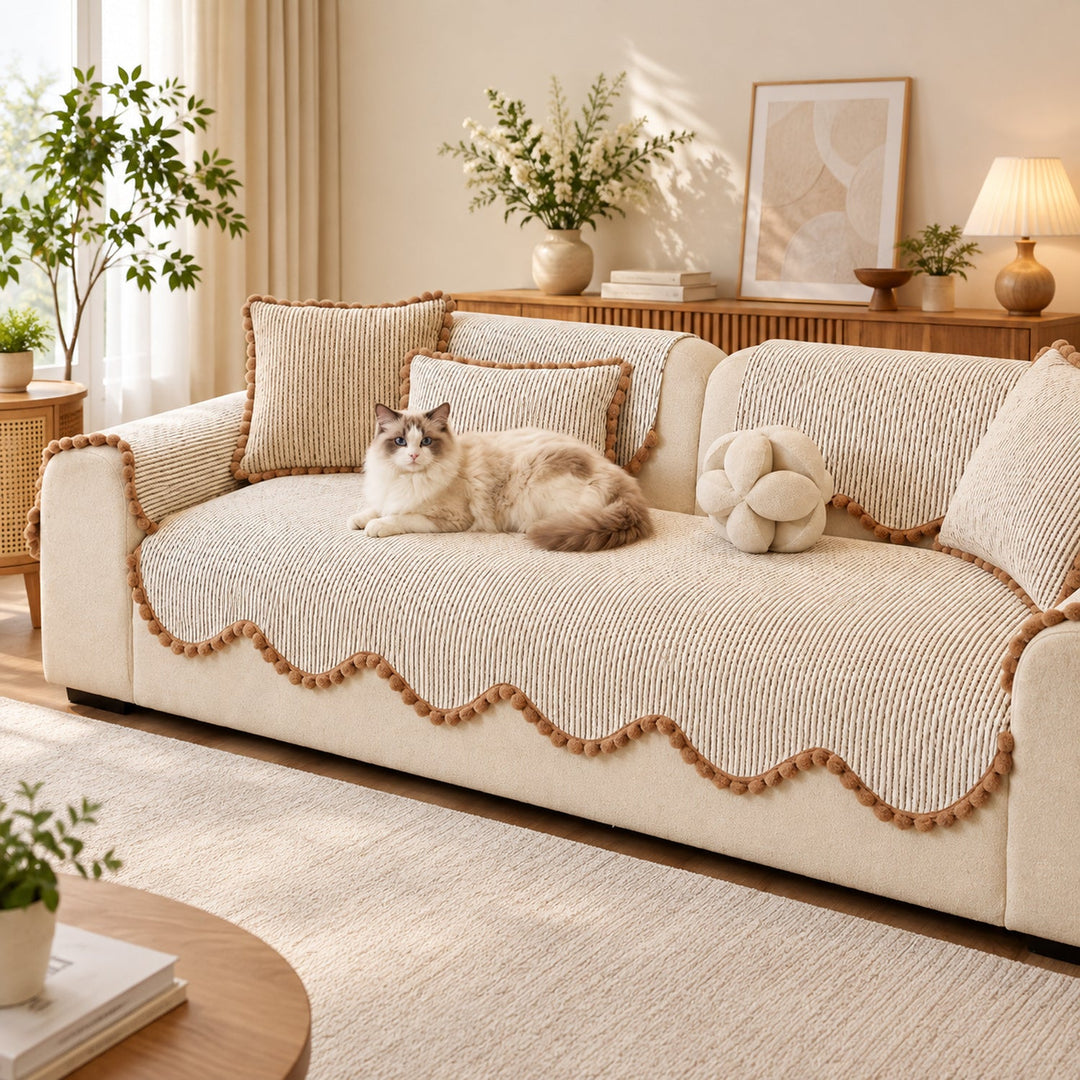 Sofa Cover | Chenille Sofa Protector | Non-Slip Cat-Scratch Resistant | Pom-Pom Trim