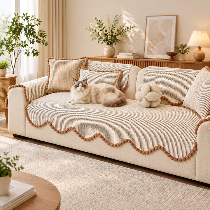 Sofa Cover | Chenille Sofa Protector | Non-Slip Cat-Scratch Resistant | Pom-Pom Trim