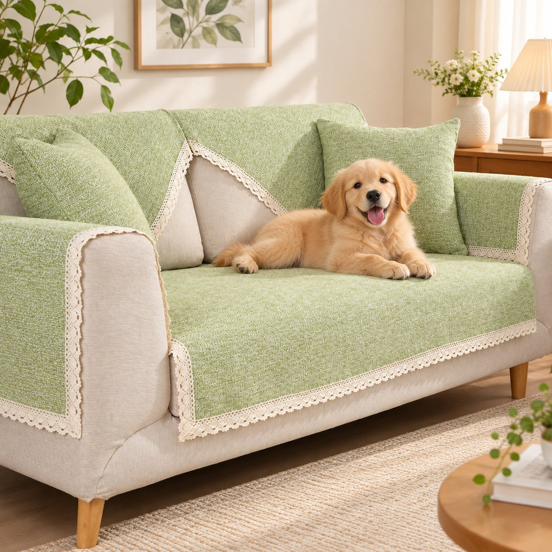 Sofa Cover | Cotton-Linen | Non-Slip Sofa Protector with Lace Trim