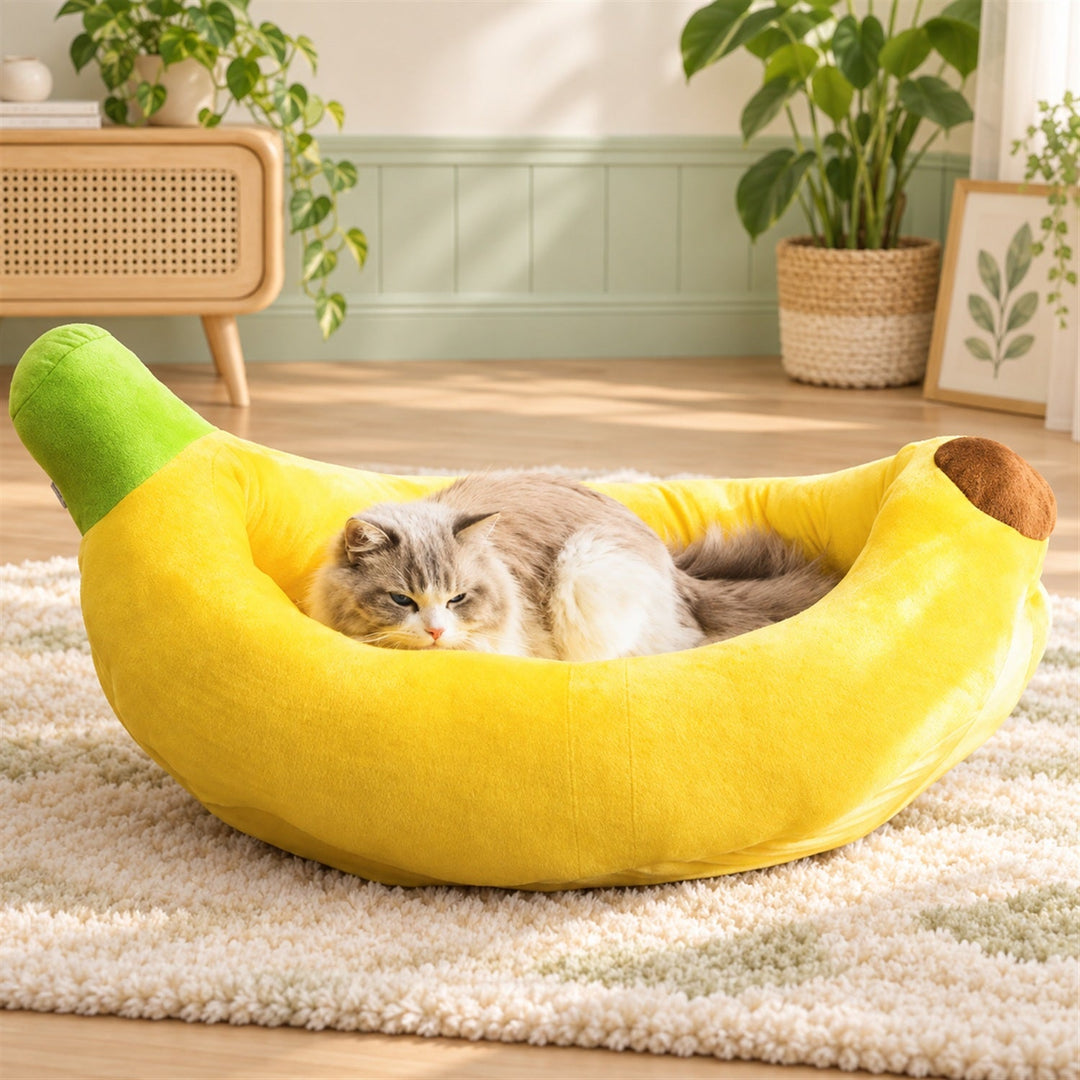 Dog Bed & Cat Bed | Banana Design | Soft Plush, Removable Cushion & Washable Covers