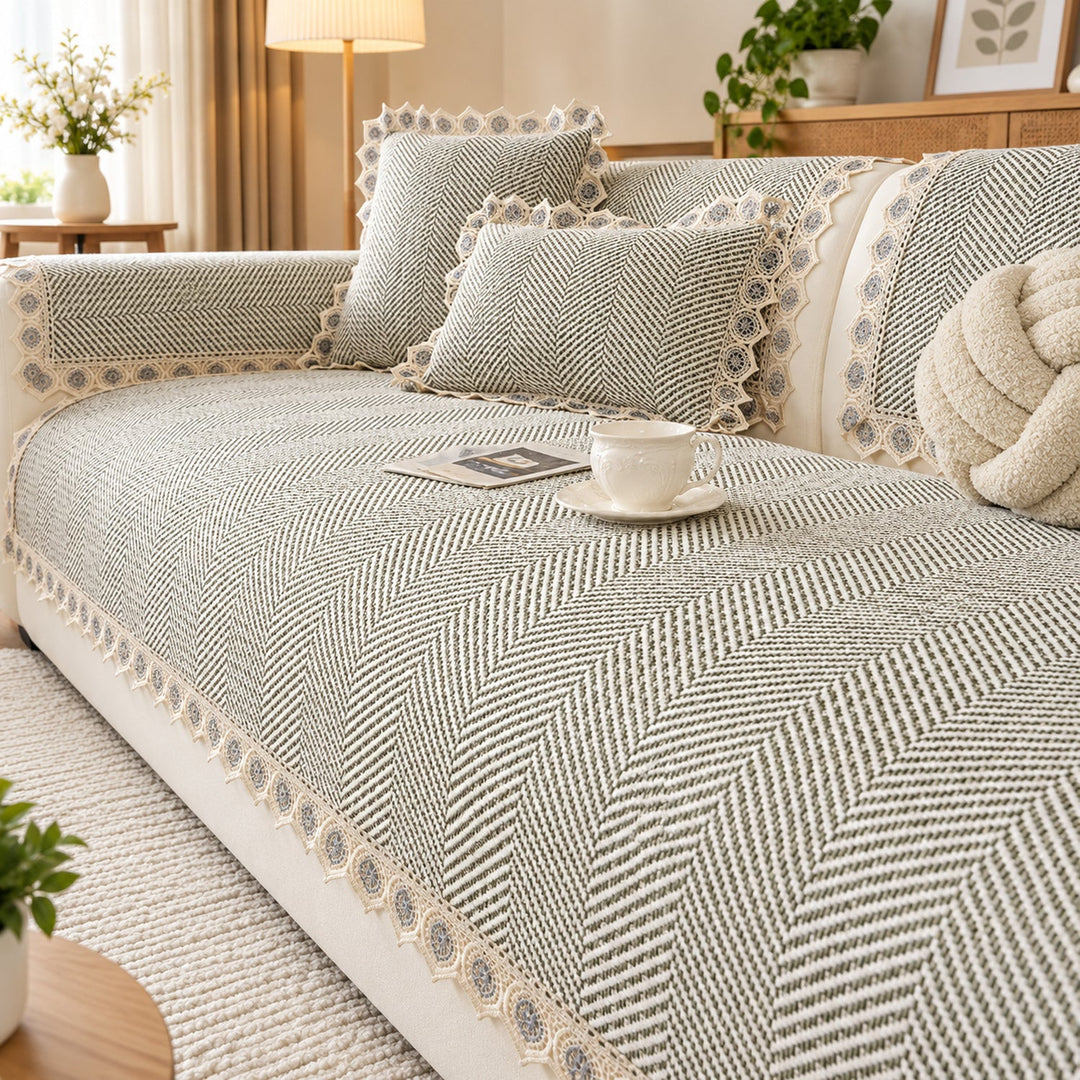 Sofa Cover | Herringbone Cotton-Linen | Non-Slip Washable Protector