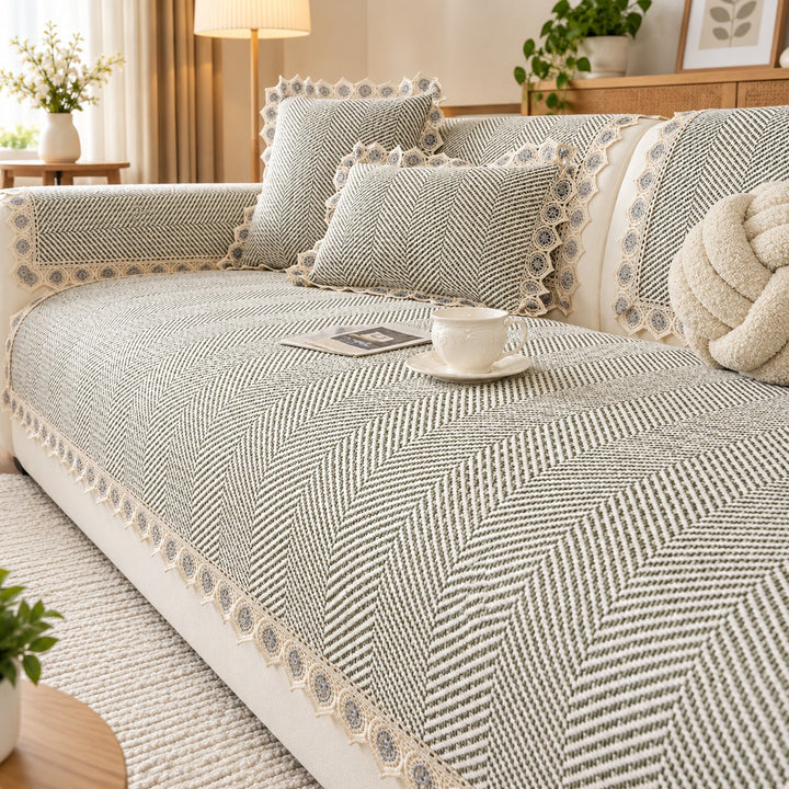 Sofa Cover | Herringbone Cotton-Linen | Non-Slip Washable Protector