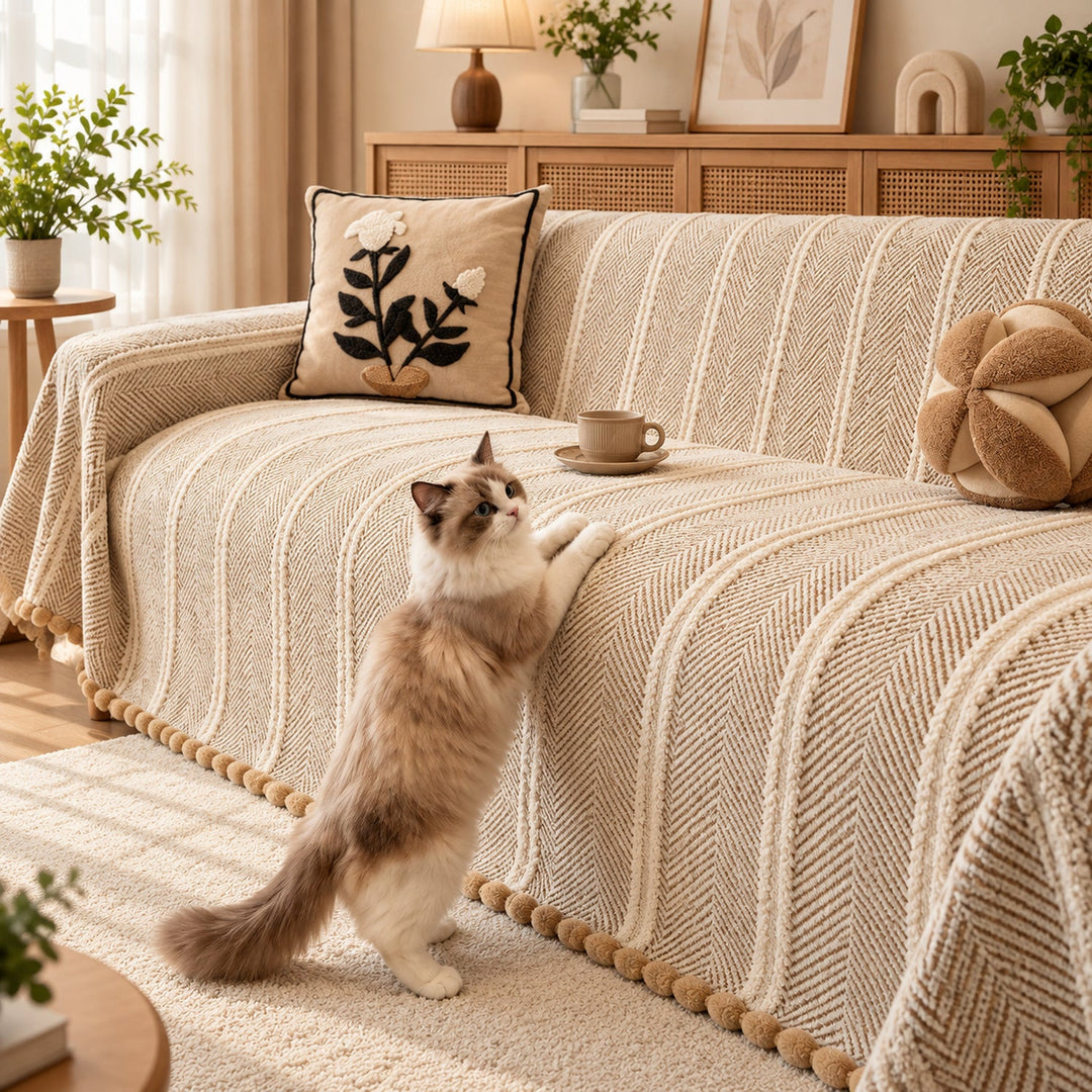 Sofa Cover | Machine-Washable Sofa Throw | Herringbone Chenille | Cat-Scratch Resistant
