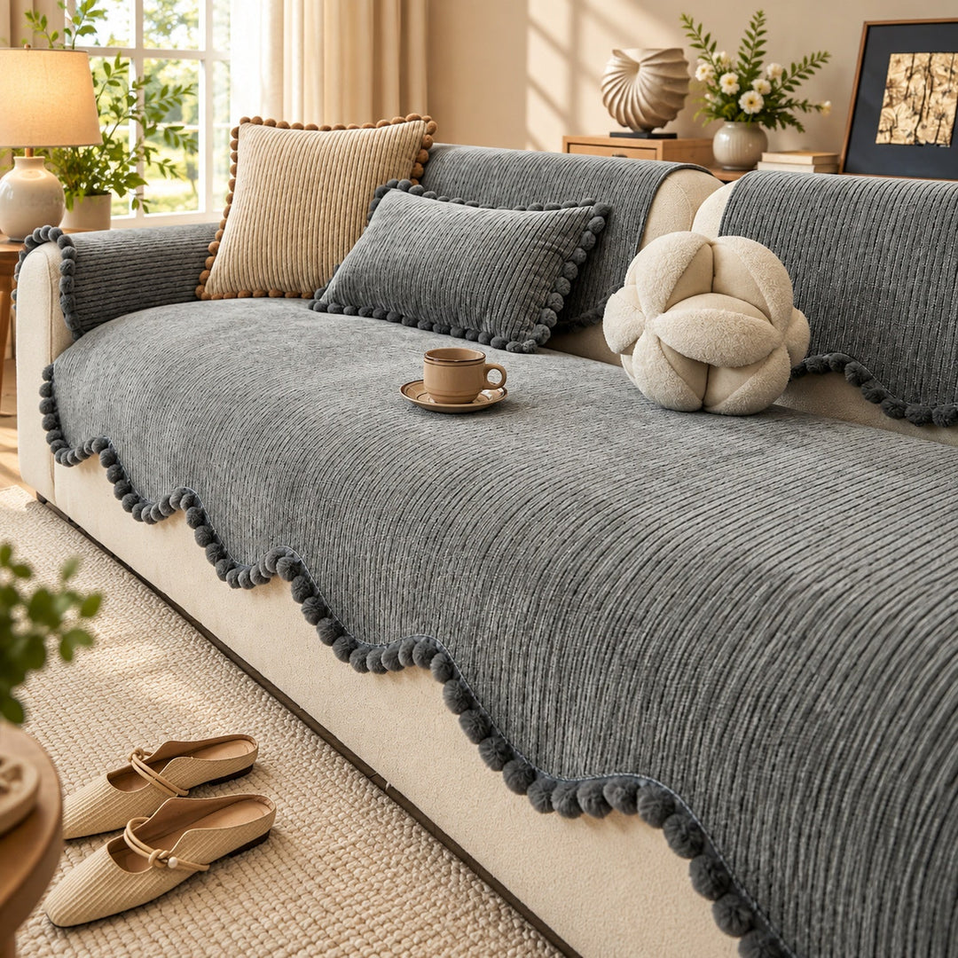 Sofa Cover | Chenille Sofa Protector | Non-Slip Cat-Scratch Resistant | Pom-Pom Trim