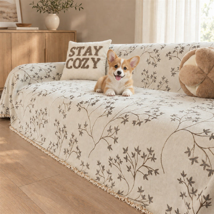 Wandering Sprig Chenille Sofa Throw | Reversible & Fringed Sofa Protector