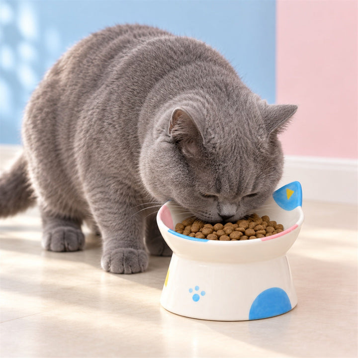 Whisker Smile Ceramic Cat Bowl | Raised Base & Tilted Rim | Easy to Clean
