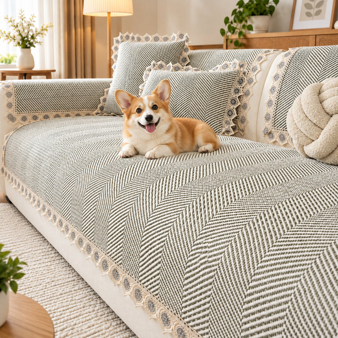 Sofa Cover | Herringbone Cotton-Linen | Non-Slip Washable Protector