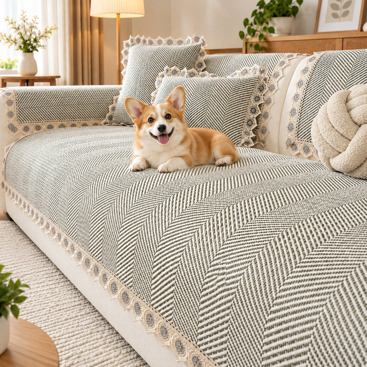 Sofa Cover | Herringbone Cotton-Linen | Non-Slip Washable Protector