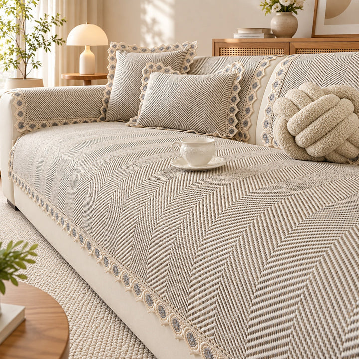Sofa Cover | Herringbone Cotton-Linen | Non-Slip Washable Protector