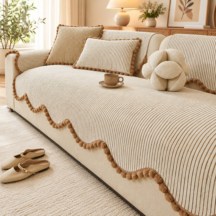 Sofa Cover | Chenille Sofa Protector | Non-Slip Cat-Scratch Resistant | Pom-Pom Trim