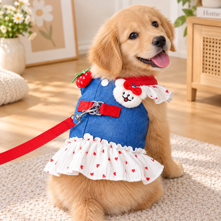 Dog Harness Dress with Matching Dog Lead | Washable Denim-Look Design with Ruffled Skirt