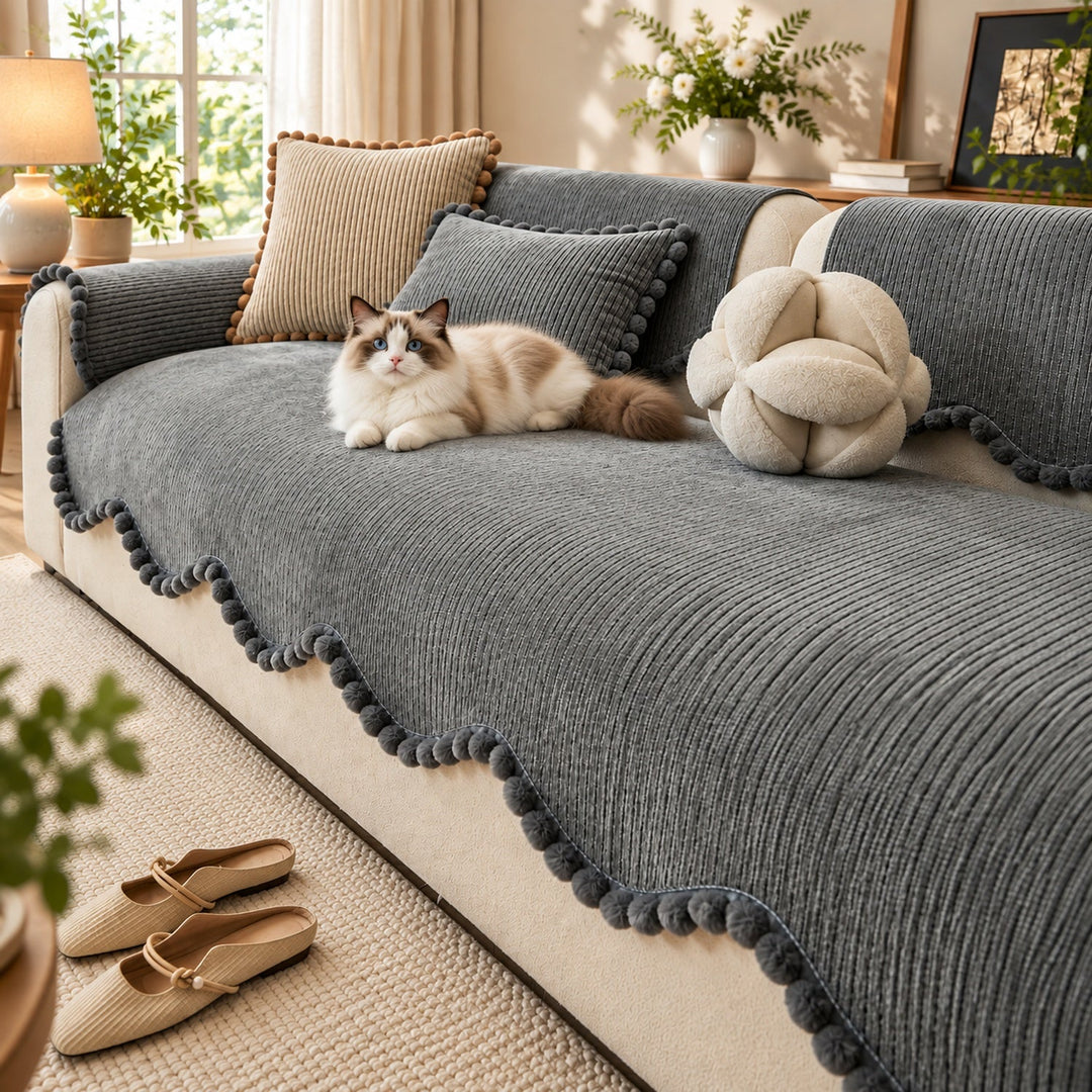 Sofa Cover | Chenille Sofa Protector | Non-Slip Cat-Scratch Resistant | Pom-Pom Trim