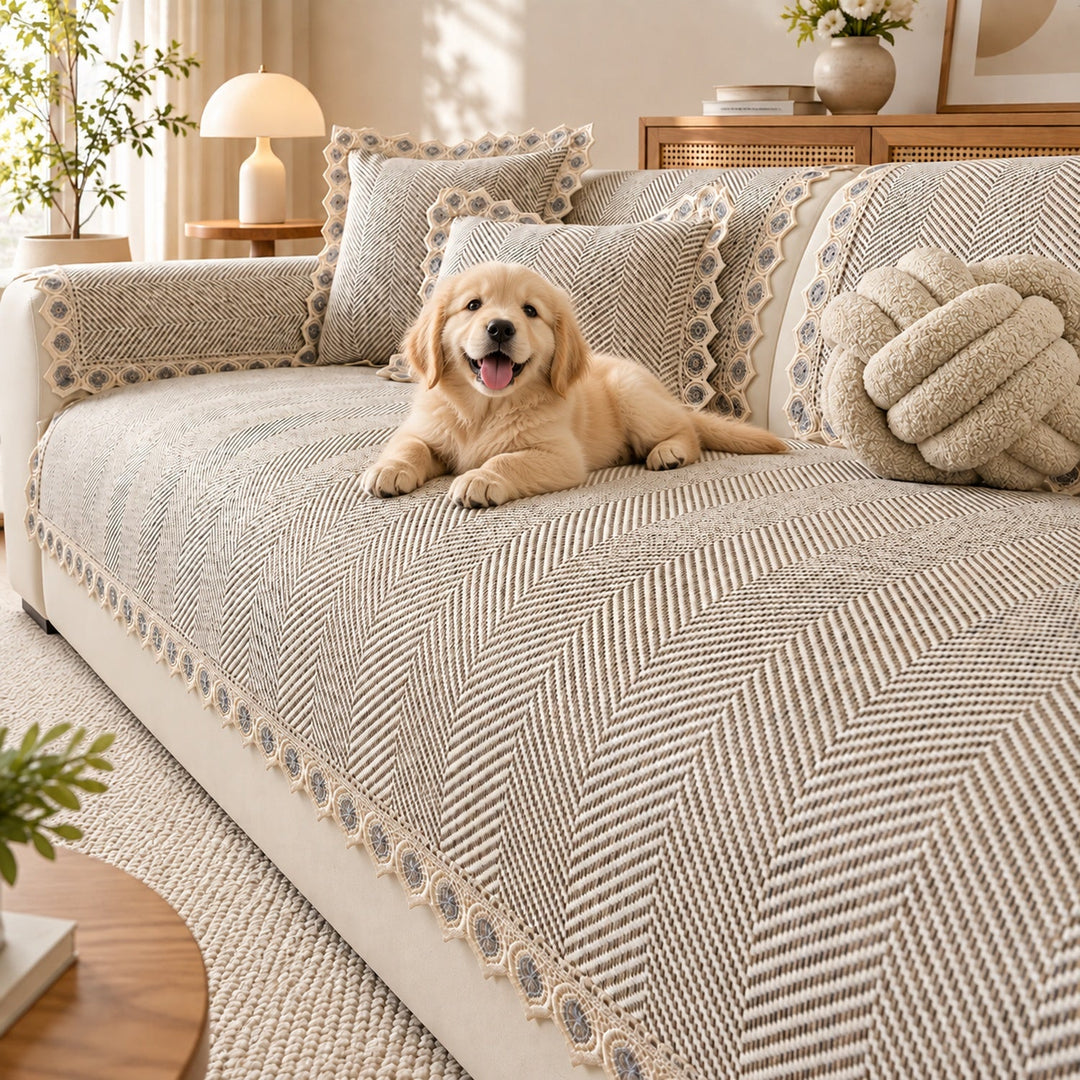 Sofa Cover | Herringbone Cotton-Linen | Non-Slip Washable Protector
