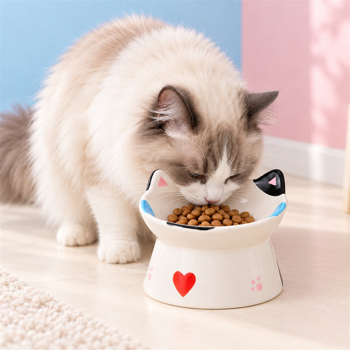 Whisker Smile Ceramic Cat Bowl | Raised Base & Tilted Rim | Easy to Clean