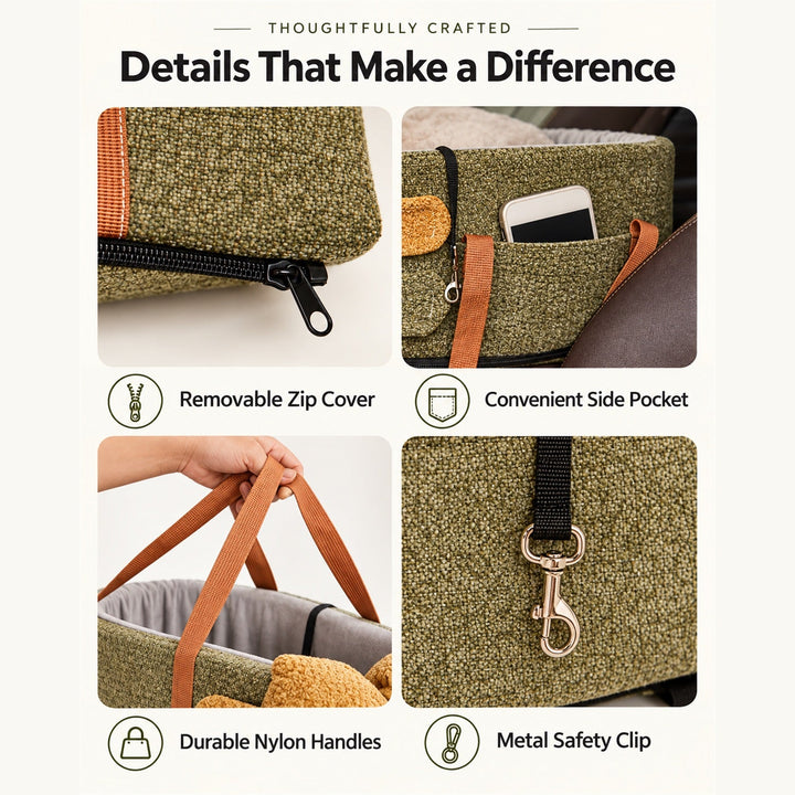 Dog Car Seat & Carrier Bag | Chenille with Carry Handles & Removable Cover