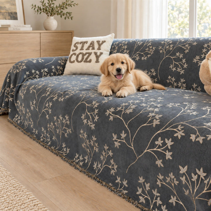 Wandering Sprig Chenille Sofa Throw | Reversible & Fringed Sofa Protector