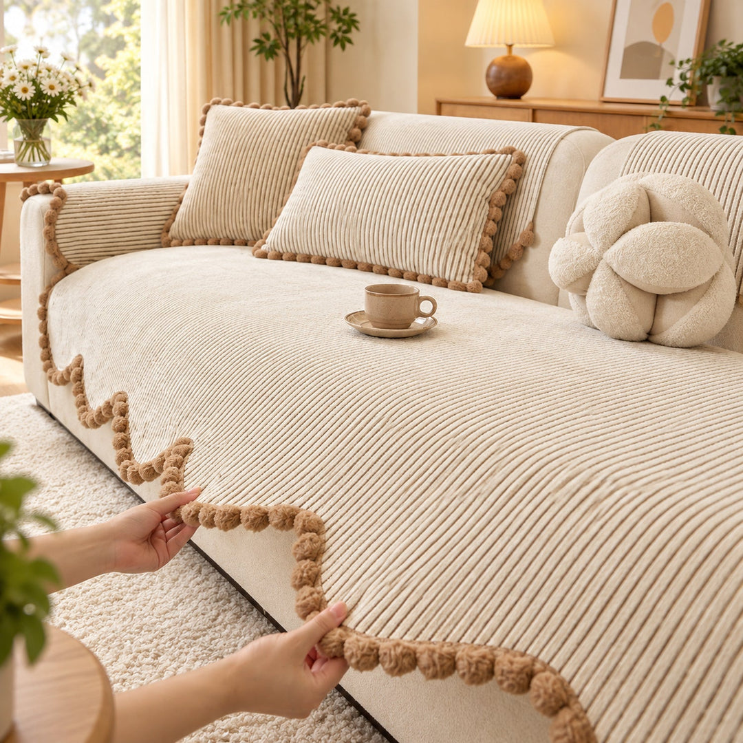 Sofa Cover | Chenille Sofa Protector | Non-Slip Cat-Scratch Resistant | Pom-Pom Trim