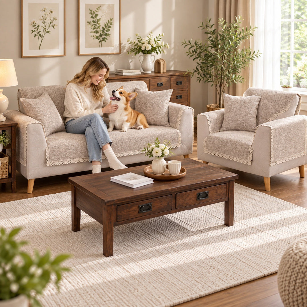 Sofa Cover | Cotton-Linen | Non-Slip Sofa Protector with Lace Trim