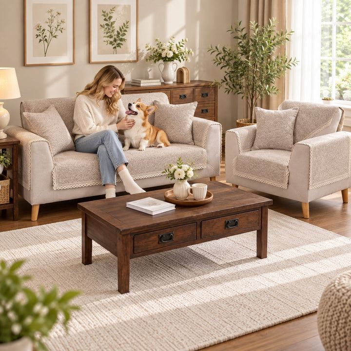 Sofa Cover | Cotton-Linen | Non-Slip Sofa Protector with Lace Trim