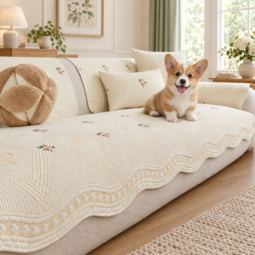 Dainty Sprig Cotton Sofa Cover | Embroidered, Non-Slip & Machine Washable