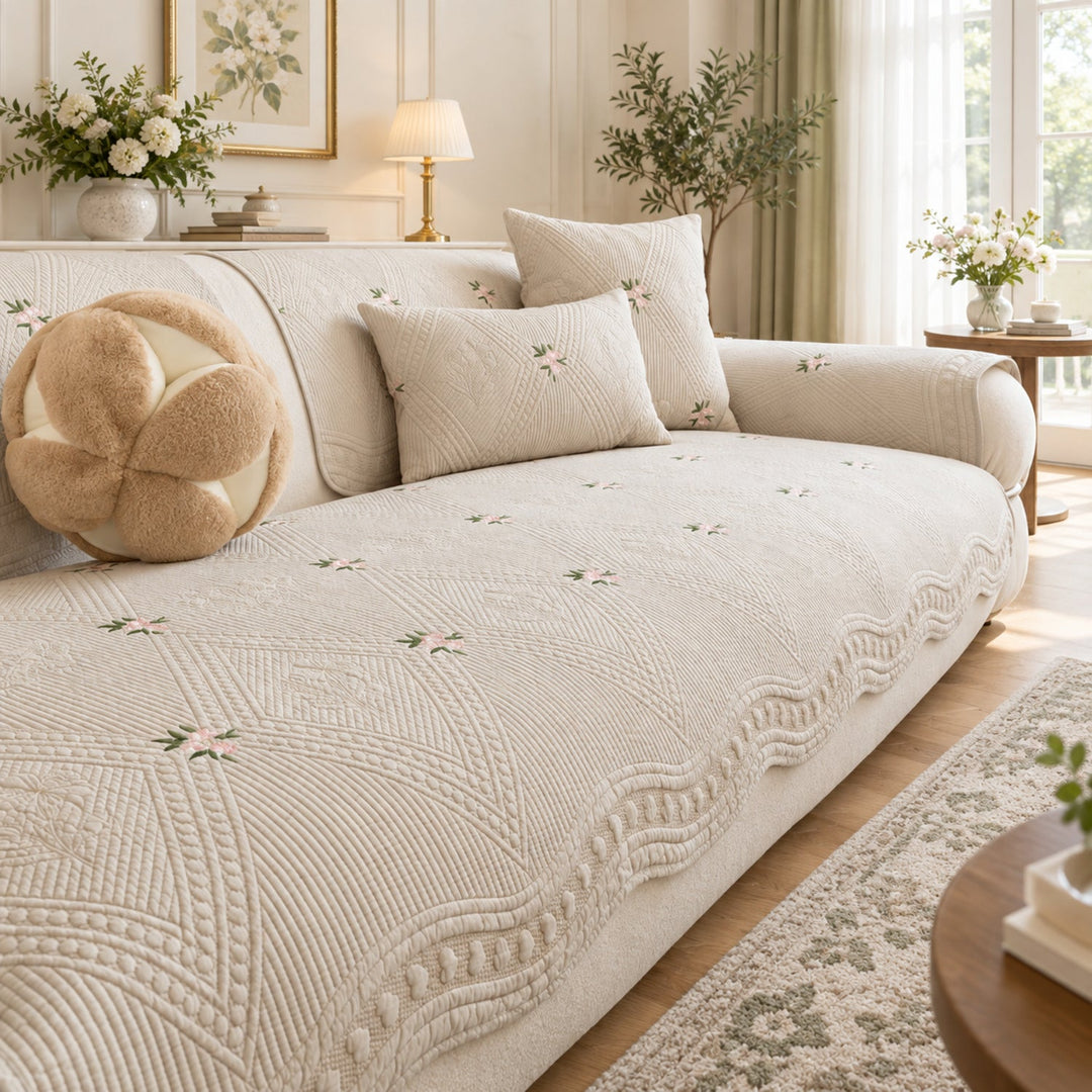 Dainty Sprig Cotton Sofa Cover | Embroidered, Non-Slip & Machine Washable