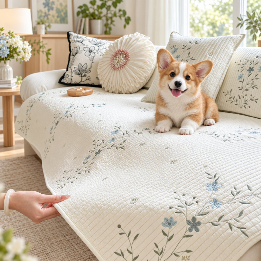 Dainty Meadow Cotton Sofa Cover | Embroidered, Non-Slip & Machine Washable