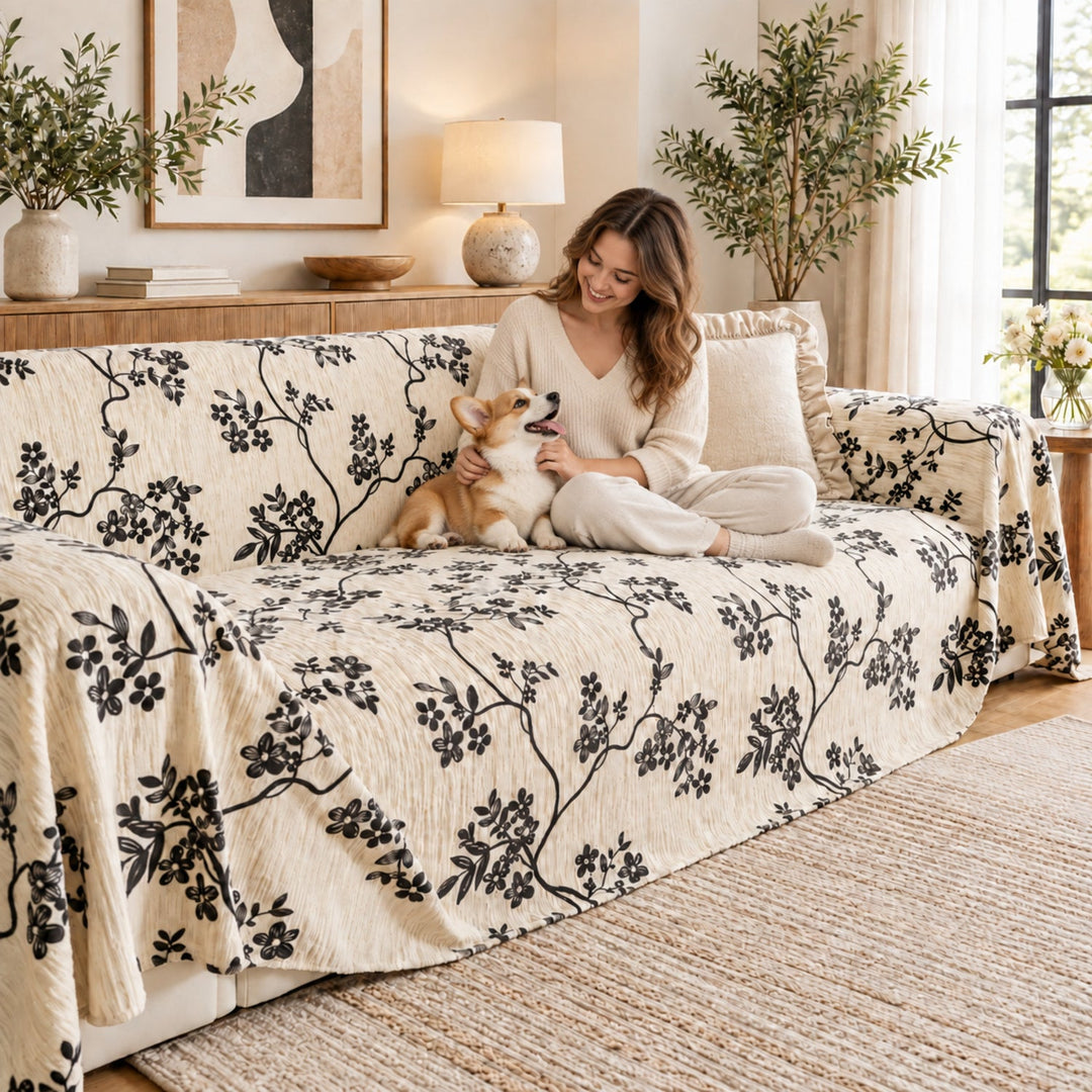 Trailing Blossom Chenille Sofa Throw | Embossed Floral Scratch-Resistant Sofa Protector