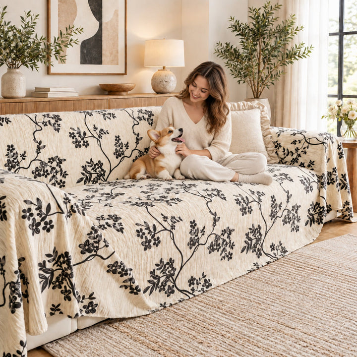Trailing Blossom Chenille Sofa Throw | Embossed Floral Scratch-Resistant Sofa Protector