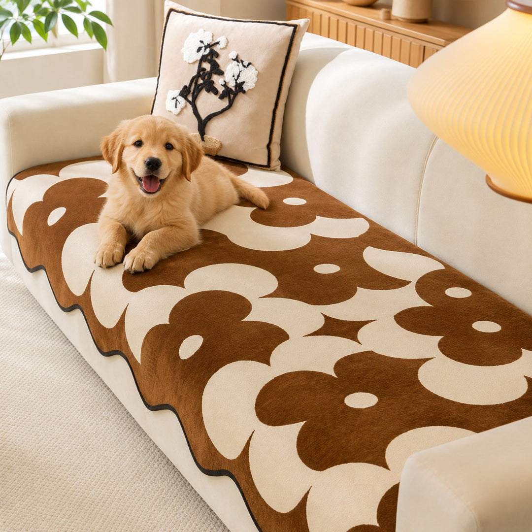 Floral Chenille Sofa Cover | Wavy Border Non-Slip Couch Throw