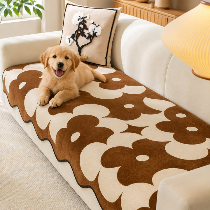 Floral Chenille Sofa Cover | Wavy Border Non-Slip Couch Throw