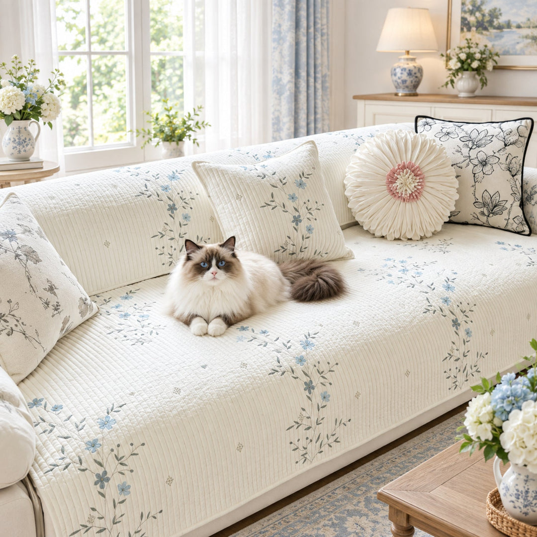 Dainty Meadow Cotton Sofa Cover | Embroidered, Non-Slip & Machine Washable
