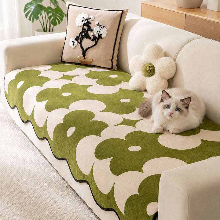 Floral Chenille Sofa Cover | Wavy Border Non-Slip Couch Throw