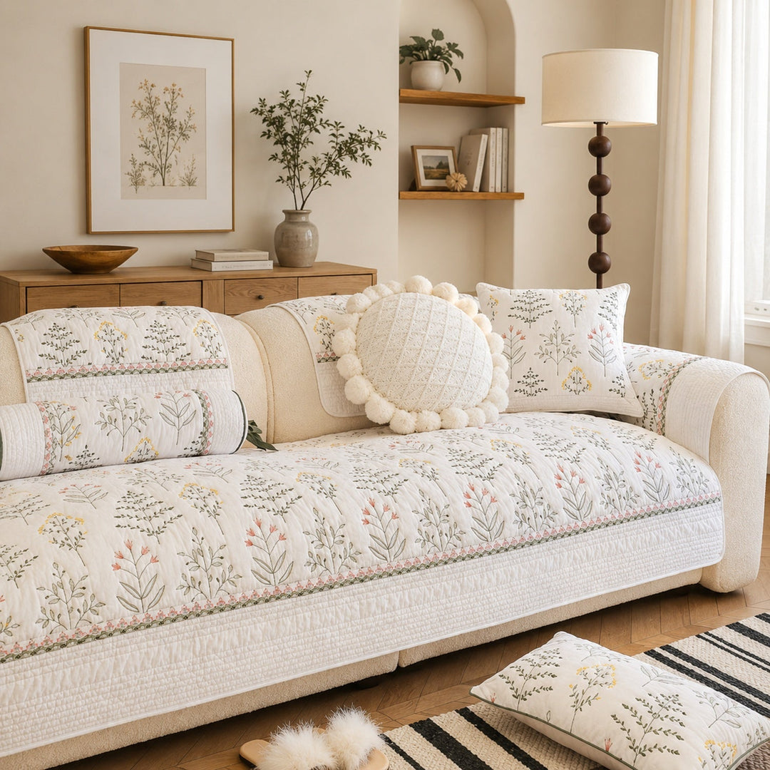 Wildflower Cotton Sofa Protector | Non-Slip Washable All-Season Cover