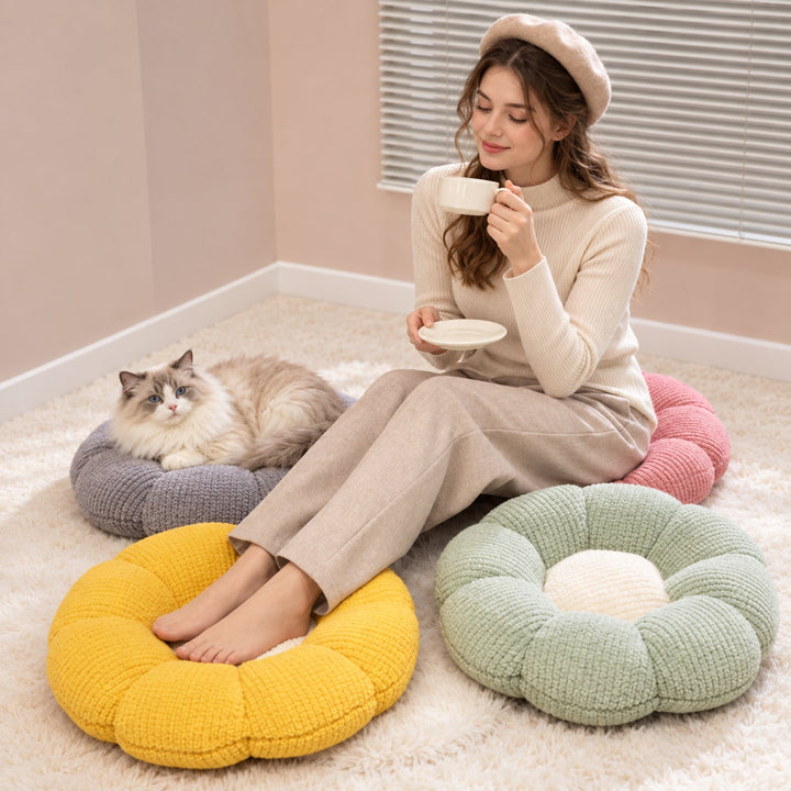 Cat Bed & Small Dog Bed | Flower Puff Pet Mat & Seat Cushion | Ribbed Plush