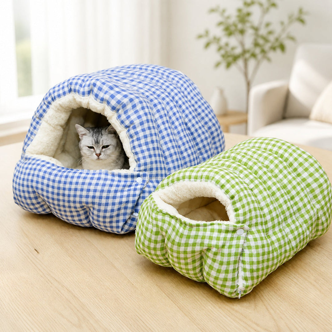 Cosy Gingham Cat Bed | Warm Washable Enclosed Pod with Removable Top