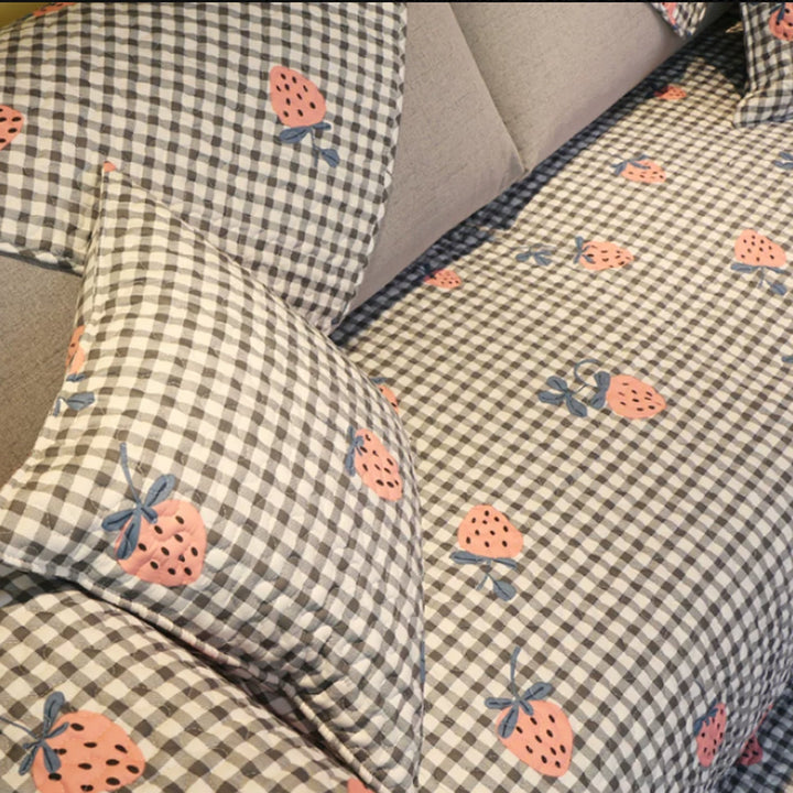Strawberry Gingham Sofa Cover | Cotton Non-Slip Washable Sofa Protector
