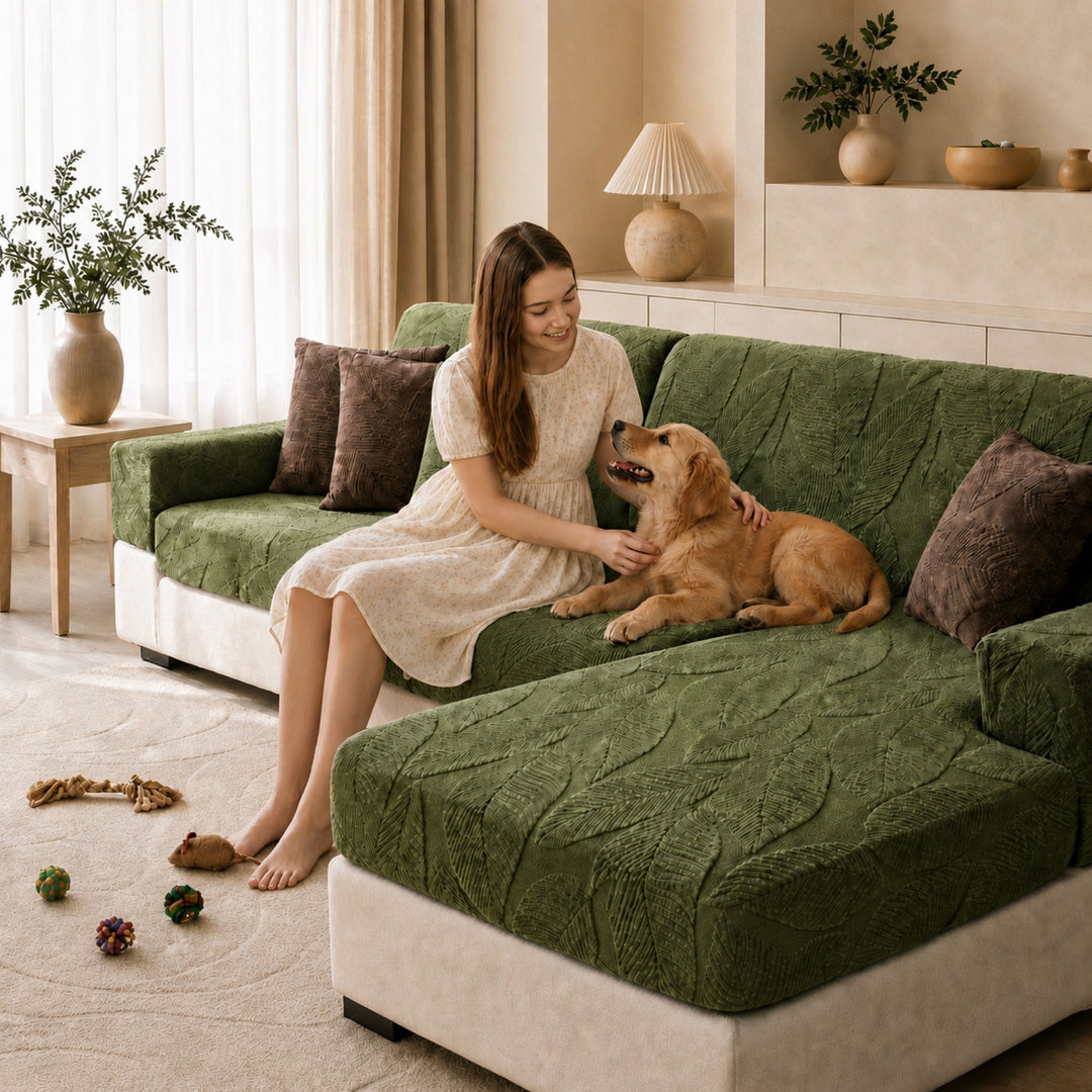Modern Leaf Jacquard Sofa Cover | Waterproof Stretch Full Wrap | Anti-Scratch Protector