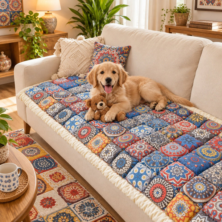 Mosaic Sofa Cover | Non-Slip Sofa Protector | Quilted 100% Cotton