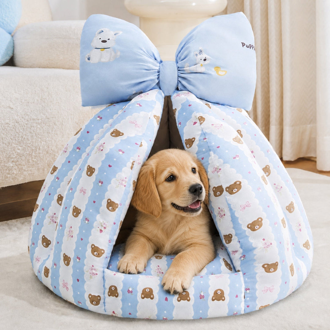 Dog Bed & Cat Bed | Bow Pet Tent | Cotton-Blend Fabric, Hand-Washable & Non-Slip