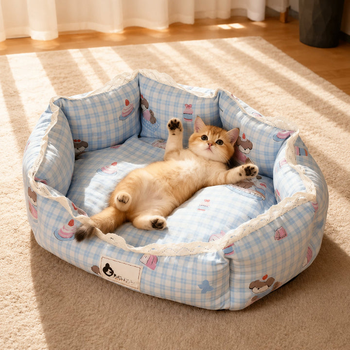 Dog Bed & Cat Bed | Sweet Lace Design | Washable Velour, Raised Sides & Non-Slip Base